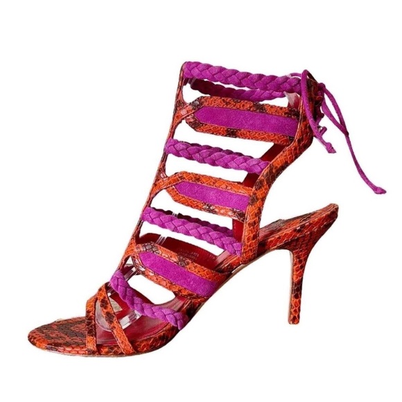 BRIAN‎ ATWOOD Felisa Sandals Strappy Braided Leather Orange Pink Size 7.5 Animal - Picture 4 of 14